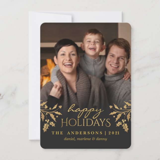Tarjeta Festiva Gold Holly Happy Holiday Photo Flat Card (Anverso)