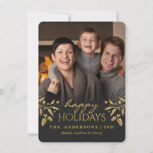 Tarjeta Festiva Gold Holly Happy Holiday Photo Flat Card