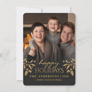 Tarjeta Festiva Gold Holly Happy Holiday Photo Flat Card