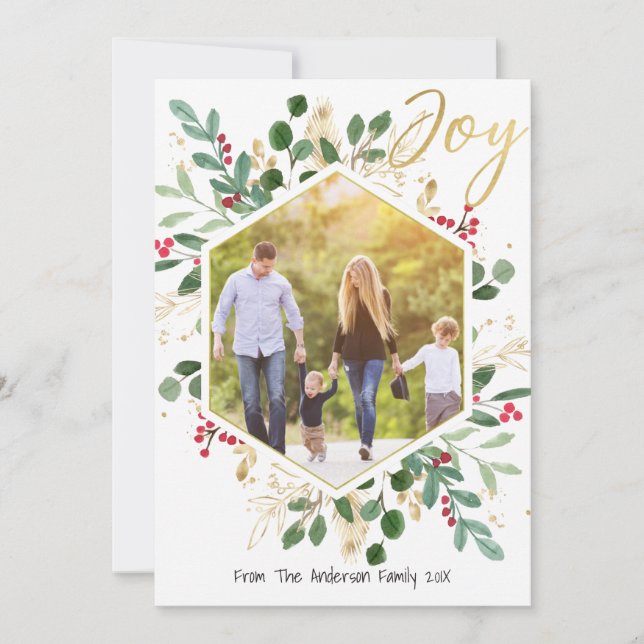 Tarjeta Festiva Gold Joy Foliage Christmas Family Photo card (Anverso)