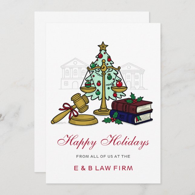 Tarjeta Festiva Gold Justice Scale Holly Wreath Law Firm Christmas (Anverso / Reverso)