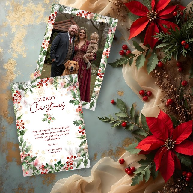 Tarjeta Festiva Gold Luxurious Classy Christmas Holly Branches (Faux Gold Luxurious Classy Christmas Holly Branches Frame with Photo Back Holiday Cards.)