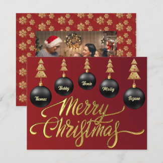 Tarjeta Festiva Gold Merry Christmas Black Ornaments family Photo 