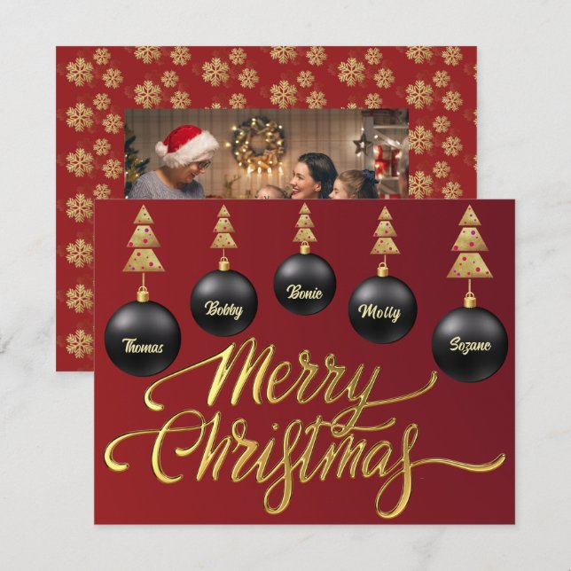 Tarjeta Festiva Gold Merry Christmas Black Ornaments family Photo  (Anverso / Reverso)