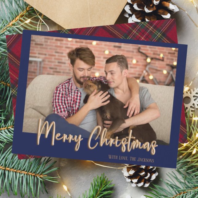Tarjeta Festiva Gold Merry Christmas Bubble Letters Plaid Navy (Subido por el creador)