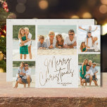 Tarjeta Festiva Gold Merry Christmas Five Fotos<br><div class="desc">Las tarjetas de vacaciones de varios Navidades de fotos incluyen sus nombres y las palabras Feliz Navidad con letras de oro de moda en un fondo blanco roto. Simplemente suba tus fotos familiares favoritas y añade tu personalización familiar en la parte trasera. Seleccione Alta Definición para obtener la mejor calidad...</div>