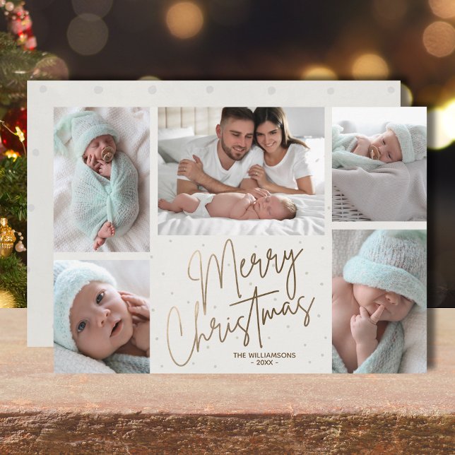 Tarjeta Festiva Gold Merry Christmas Five Fotos (Gold faux foil Merry Christmas five photos flat holiday cards with your greeting on the back)