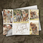 Tarjeta Festiva Gold Merry Christmas Five Fotos<br><div class="desc">Las tarjetas de vacaciones de varios Navidades de fotos incluyen sus nombres y las palabras Feliz Navidad con letras de oro de moda en un fondo blanco roto. Simplemente suba tus fotos familiares favoritas y añade tu personalización familiar en la parte trasera. Seleccione Matte para el papel más pesado y...</div>