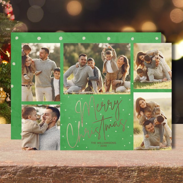 Tarjeta Festiva Gold Merry Christmas Five Photo Green (Gold faux foil Merry Christmas five photos flat green holiday cards with your greeting on the back)