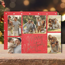 Tarjeta Festiva Gold Merry Christmas Five Photo Red