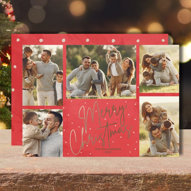Tarjeta Festiva Gold Merry Christmas Five Photo Red (Gold faux foil Merry Christmas five photos flat red holiday cards with your greeting on the back)