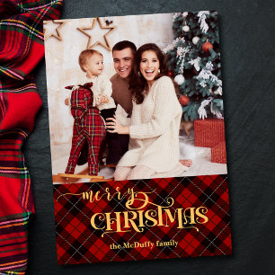 Tarjeta Festiva Gold Merry Christmas on Red Tartan Photo