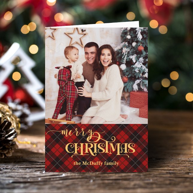 Tarjeta Festiva Gold Merry Christmas on Red Tartan Photo (Subido por el creador)