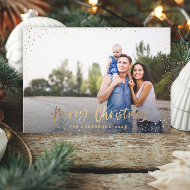 Tarjeta Festiva Gold merry Christmas stars photo holiday card (Subido por el creador)