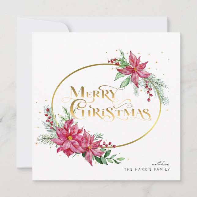 Tarjeta Festiva Gold Merry Christmas Text con Poinsettias y Pine (Anverso)