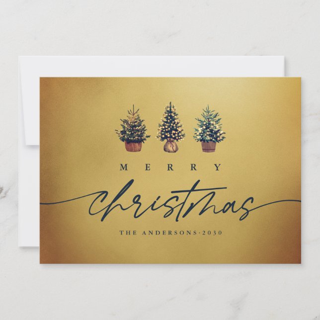 Tarjeta Festiva Gold Merry Christmas Watercolor Tree Green Script (Anverso)