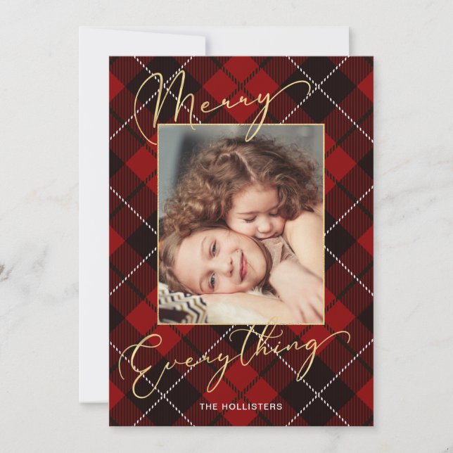 Tarjeta Festiva Gold Merry Everything Calligraphy Red Plough Photo (Anverso)