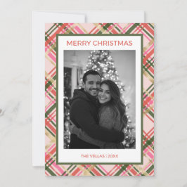 Tarjeta Festiva Gold & pink Christmas plaid flat Holiday Card