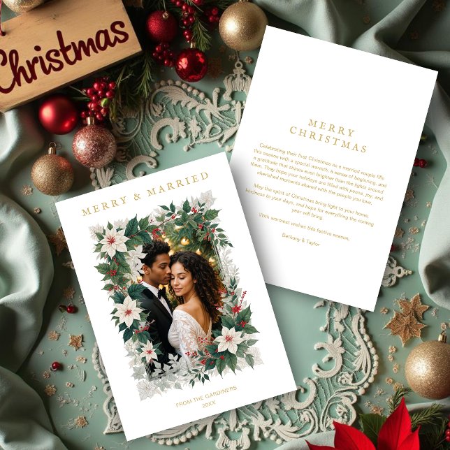 Tarjeta Festiva Gold Romantic Christmas Botanical Frame Photo (Gold Romantic Christmas Botanical Frame Holiday Cards with Photo for First Christmas.)