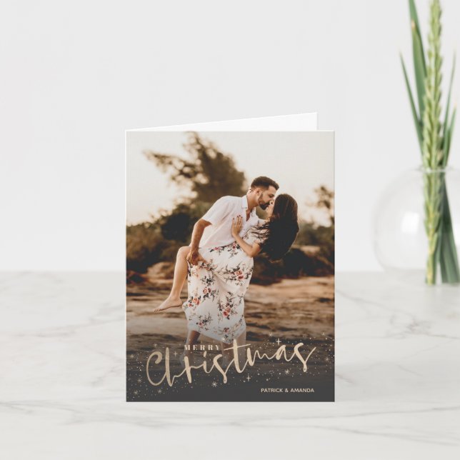 Tarjeta Festiva Gold Script Merry Christmas Photo (Anverso)