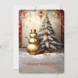 Tarjeta Festiva Gold Snowman Christmas Tree Holiday Card