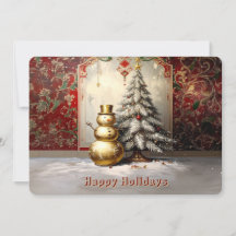 Gold Snowman Christmas Tree Holiday Card