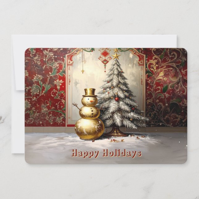 Tarjeta Festiva Gold Snowman Christmas Tree Holiday Card (Anverso)
