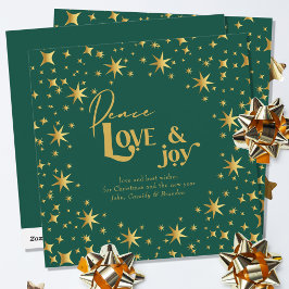 Tarjeta Festiva Gold Stars Paz Amor y Alegría Verde Sencillo Elega