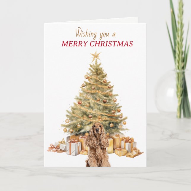 Tarjeta Festiva Gold Tree Buff Cocker Spaniel Christmas (Anverso)