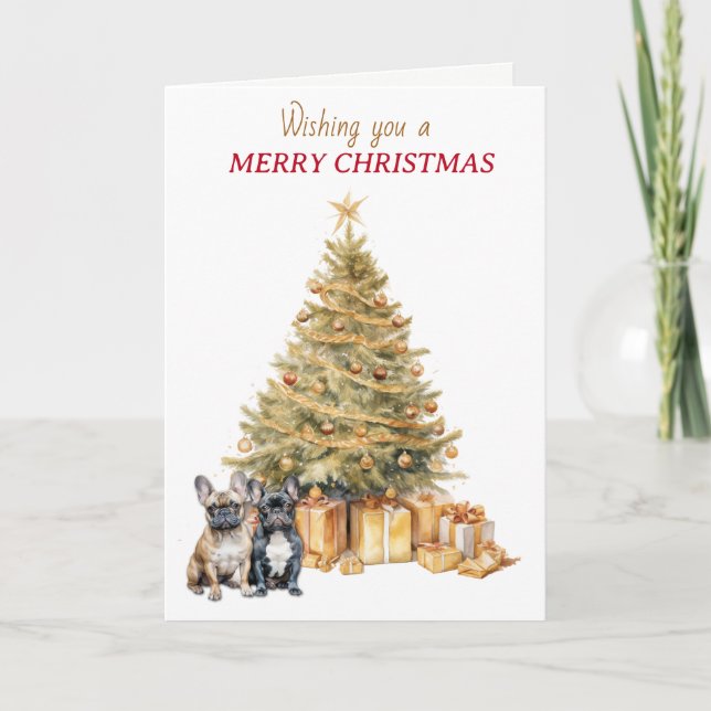 Tarjeta Festiva Gold Tree French Bulldogs Christmas Card (Anverso)