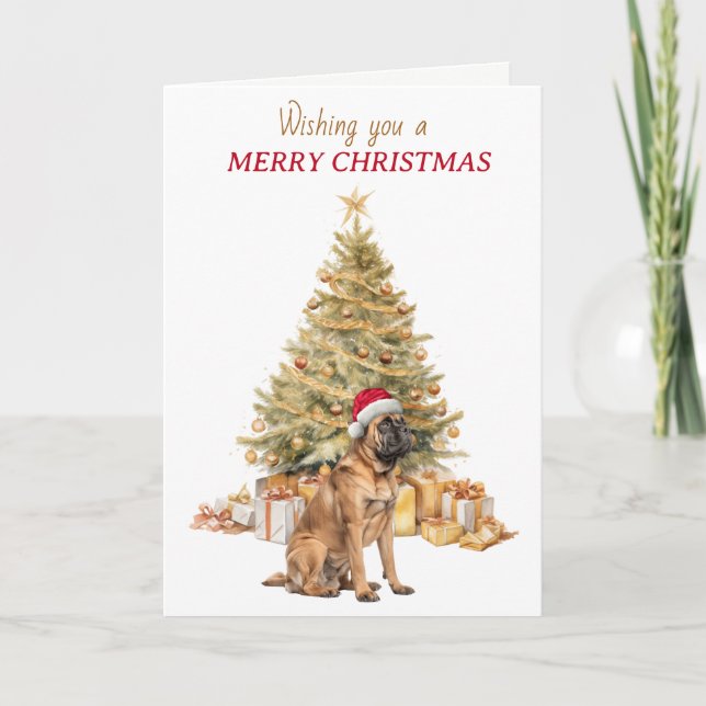 Tarjeta Festiva Gold Tree Santa Hat Mastiff Dog Christmas Card (Anverso)