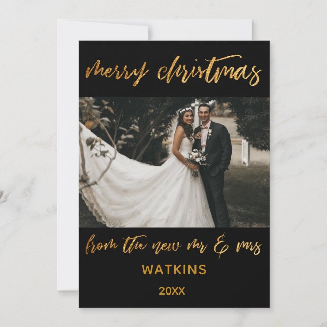 Tarjeta Festiva Gold Waves Merry Christmas from New Mr & Mrs Black (Anverso)