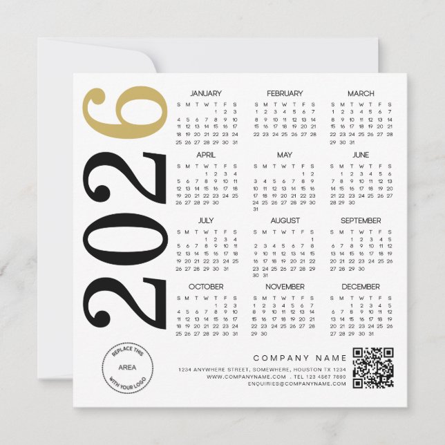 Tarjeta Festiva Gold White Calendar Logo de 2026 QR Code Business (Anverso)