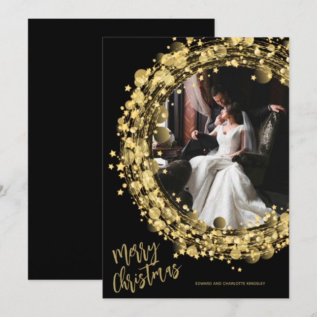 Tarjeta Festiva Gold Wreath on Black Merry Christmas Photo (Anverso / Reverso)