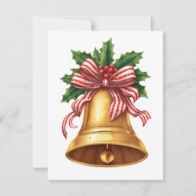 Tarjeta Festiva Golden Christmas Bell Holly and Stripe Bow (Anverso)