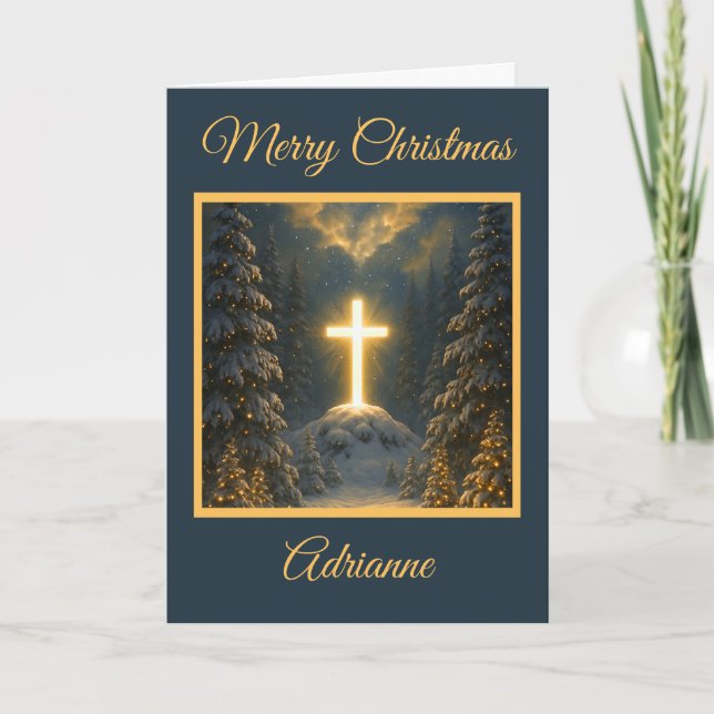 Tarjeta Festiva Golden Cross in a Winter Wonderland (Anverso)