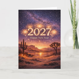 Tarjeta Festiva Golden Fireworks 2027 Desert Night Sky Celebration