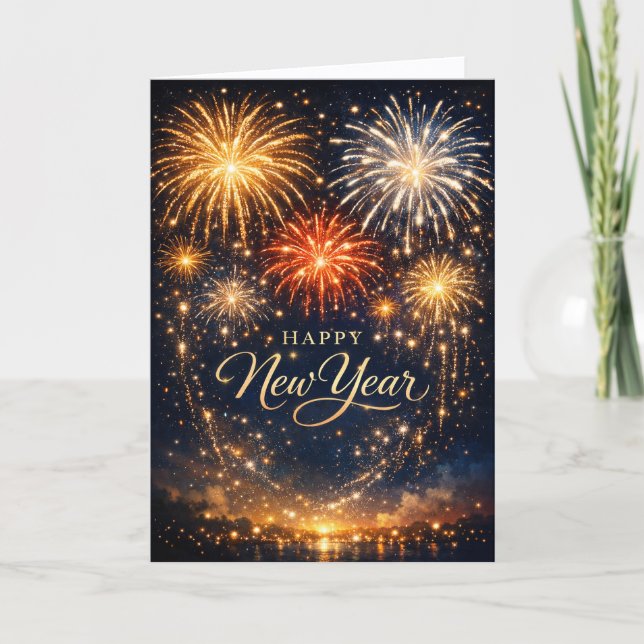 Tarjeta Festiva Golden Fireworks Night Sky New Year (Anverso)