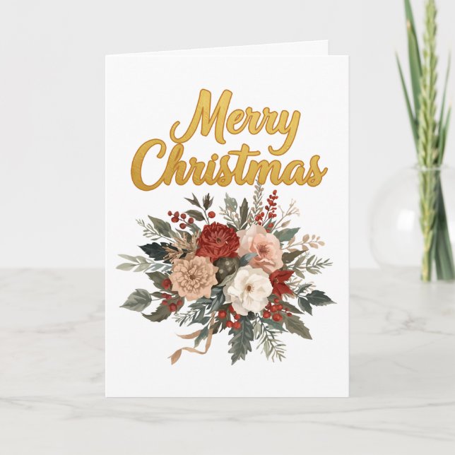 Tarjeta Festiva Golden Floral Merry Christmas Bouquet (Anverso)