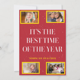 Tarjeta Festiva Golden Frame Snowy Red Christmas Cheer