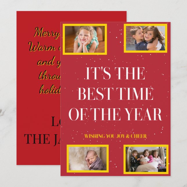 Tarjeta Festiva Golden Frame Snowy Red Christmas Cheer (Anverso / Reverso)