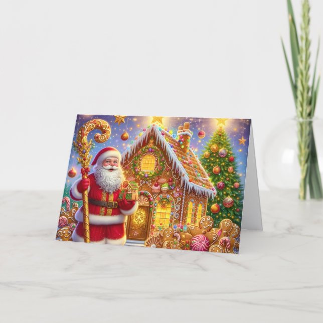 Tarjeta Festiva Golden Gingerbread House with Santa Christmas (Anverso)