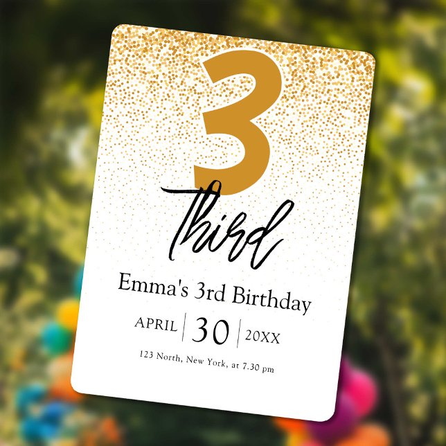 Tarjeta Festiva golden glitter baby Girl 3rd birthday invitations (golden glitter baby Girl 3rd birthday invitations)