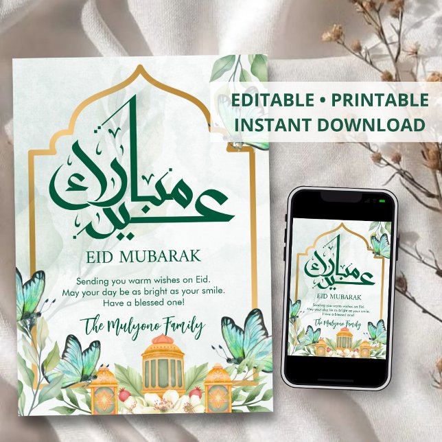 Tarjeta Festiva Golden Islamic Arch Teal Butterflies Eid Mubarak (Subido por el creador)