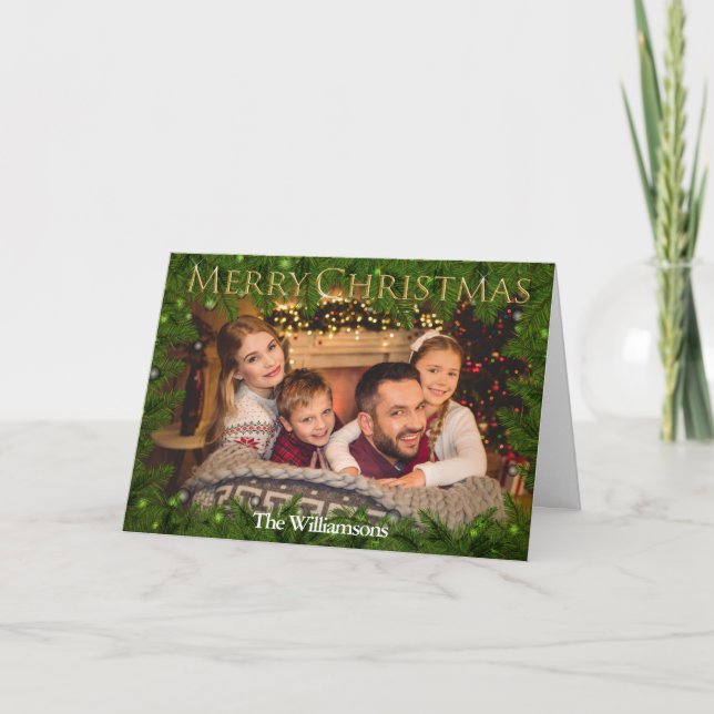 Tarjeta Festiva Golden Merry Christmas Between Pine Photo (Anverso)