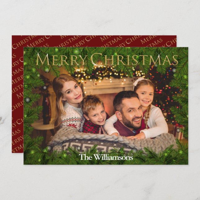 Tarjeta Festiva Golden Merry Christmas Between Pine Photo (Anverso / Reverso)