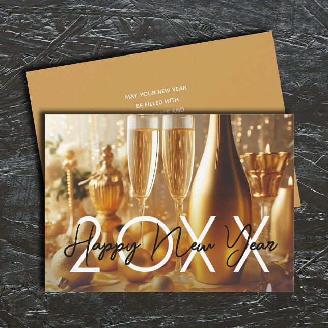 Tarjeta Festiva Golden Modern Feliz Año Nuevo (Golden Champagne Happy New Year Greeting Holiday Cards - INSTANT DOWNLOAD and or PRINTED or both!)