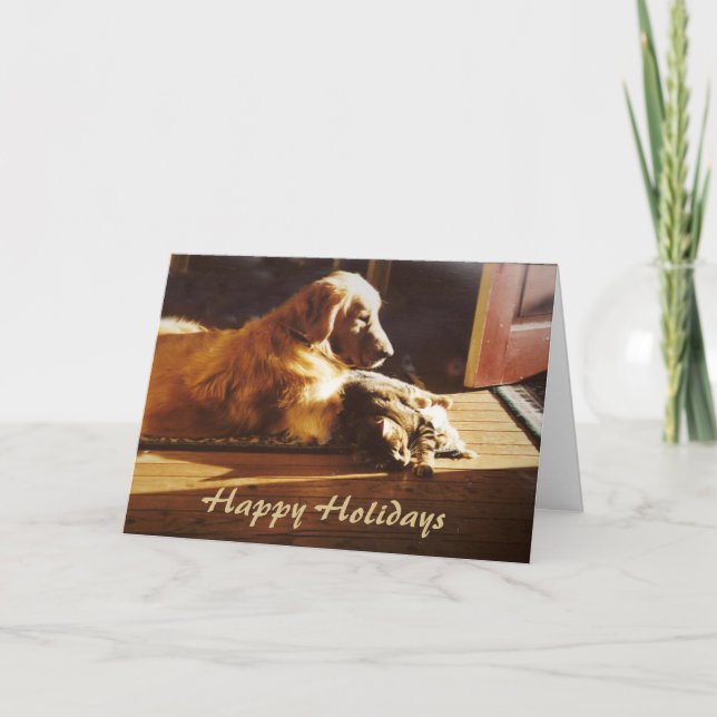Tarjeta Festiva Golden Retriever and Cat Christmas Card (Anverso)