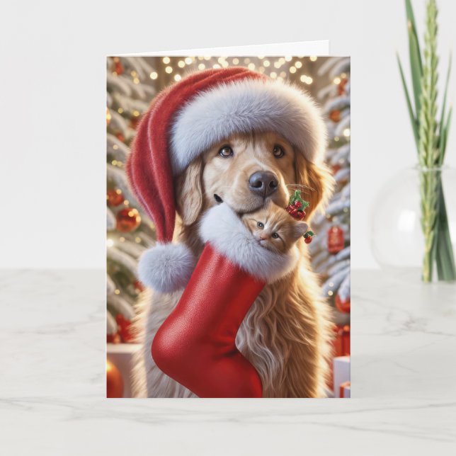 Tarjeta Festiva Golden Retriever con un gatito (Anverso)