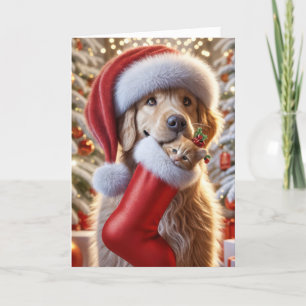 Tarjeta Festiva Golden Retriever con un gatito